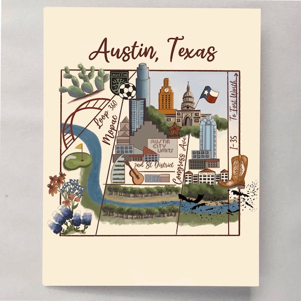 Greeting card Austin Texas, housewarming note, Capital of Texas, Austin, Texas, Waterloo, Texas Capital, Lady Bird lake, Austin FC soccer