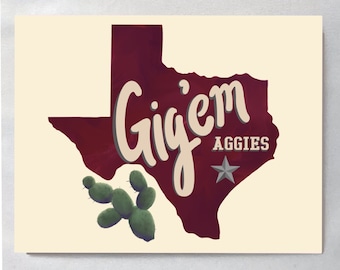 Gig' Em Card, A&M Aggie Greeting Card, Texas Maroon Note Card, State of TX Hand Drawn Art, University Graphic Blank Card,Gig' em Calligraphy