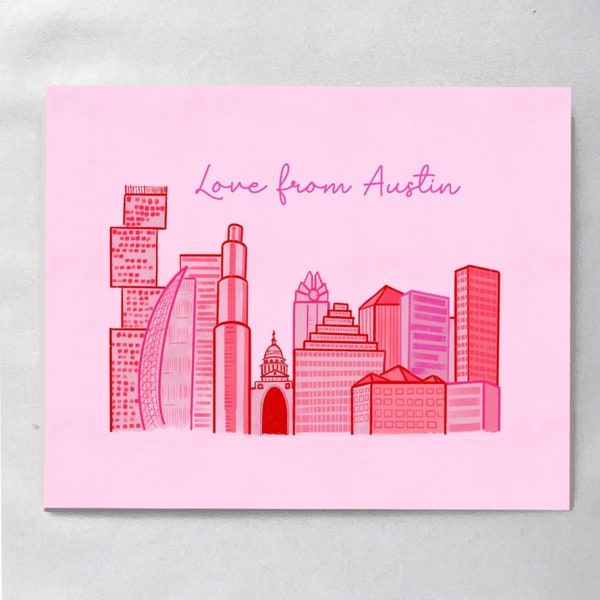 Austin card, Austin Skyline Card, Pink Austin Art, Austin Texas Art, Downtown Art, Capital of Texas, ATX, Austin, Austin Art, Austin Texas.