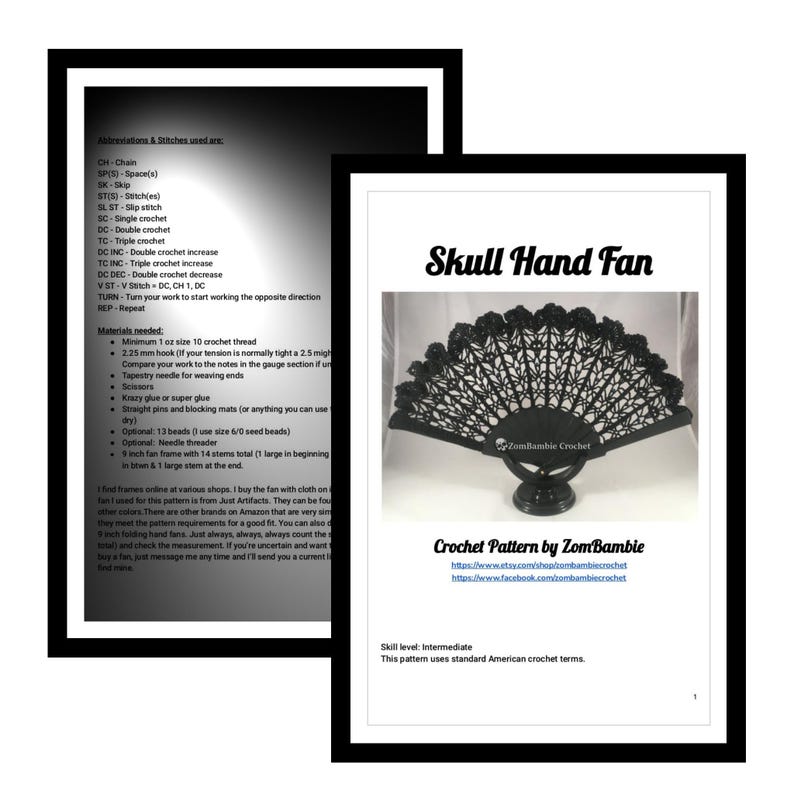 May include: A black crochet hand fan with a skull design, displayed on a white background. The fan is made with intricate lacework and has a decorative base. The text "Skull Hand Fan" is visible, along with the designer's name and website.