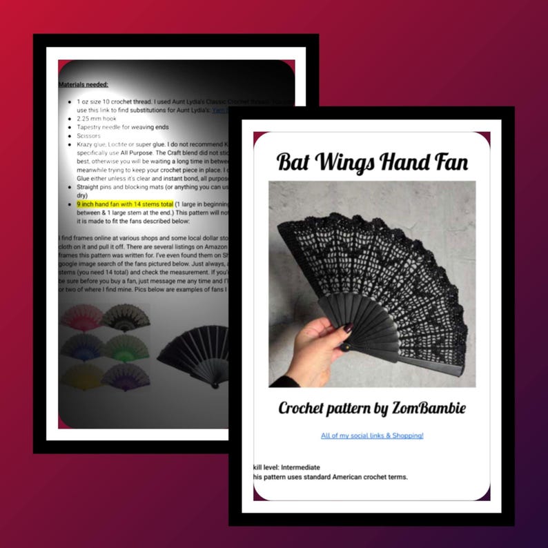 May include: A black crochet hand fan with a bat wing design. The fan is held open, displaying the intricate lace-like pattern. The text "Bat Wings Hand Fan" and "Crochet pattern by ZomBambie" are visible.