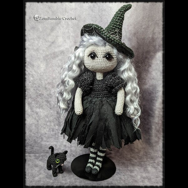 Agatha & Onyx - crochet doll - witch - familiar - collectible - OOAK - amigurumi - goth doll - witch doll - cat