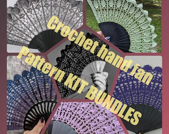 Crochet hand fan pattern kit bundle -patterns -pattern kits -bundle -digital patterns -crochet kit -skull, ankh, leaf, crown, bats, bloom