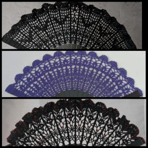 May include: Three handmade crochet fans in black, purple, and black with burgundy trim. Each fan features an intricate openwork design and a scalloped edge. The fans are displayed against a neutral background, showcasing their delicate craftsmanship.