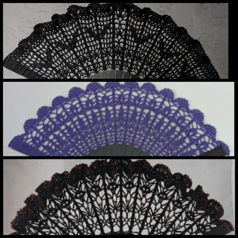May include: Three handmade crochet fans in black, purple, and black with burgundy trim. Each fan features an intricate openwork design and a scalloped edge. The fans are displayed against a neutral background, showcasing their delicate craftsmanship.