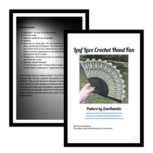 May include: A white crochet hand fan with a black handle. The fan is made with a leaf lace pattern. The image includes the title "Leaf Lace Crochet Hand Fan" and the text "Pattern by Zom Bambie".