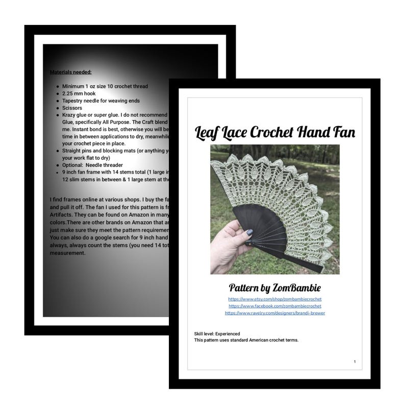 May include: A white crochet hand fan with a black handle. The fan is made with a leaf lace pattern. The image includes the title "Leaf Lace Crochet Hand Fan" and the text "Pattern by Zom Bambie".