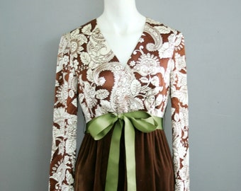1970's- Brown Velvet Maxi Dress- Mod Hostess Gown- Size Small- 4/6