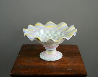 1996 MacKenzie Childs - Myrtle - Fluted Compote - Ceramic - Discontinued Pattern