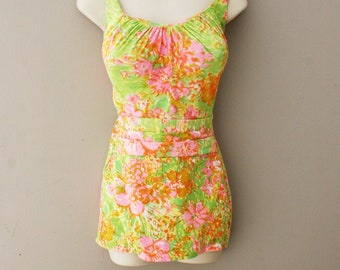 MCM - 1950-60's-Pink and Green Floral- Roxanne Perfection Fit Swimsuit- Size XS