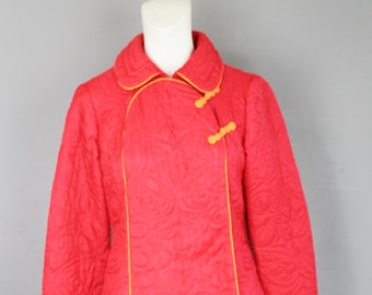 1960-70's - Dynasty - Red Quilted Robe- Asian Inspired - Trimmed in sherbert orange