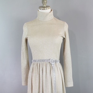 1970&#39;s Ayres Unlimited Metallic Knit Dress- Champagne Gold/Taupe- Size Small 2/4