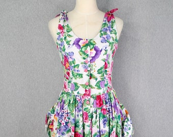1980s 1990s - Cotton Floral Sundress by Access - Cottage Core Dress - Apron Dress - Size M