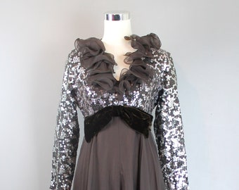 Have Mercy - 1960-70's - Mr. Frank - Cocktail (Jumpsuit) Gown - Brown Velvet - Silver/Pewter Sequins - Brown Chiffon