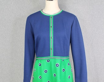 Lata 70. - Mid Century Mod Floral Maxi Dress - Granatowy i zielony - Blok kolorów - Retro - Kwiatowy