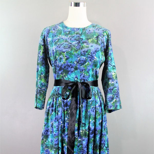 1960s - Blue Floral - Cotton Corduroy - Shirtwaist Dress - Mid Century