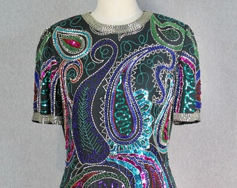 1980s 1990s - Niteline by Della Roufogali - Beaded Cocktail Dress - Sequin Dress - Cocktail Party - Black Tie