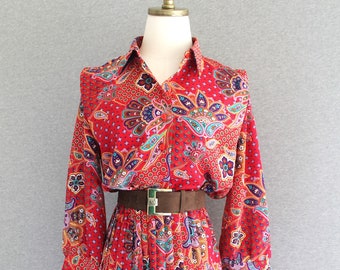 1980s - Shirtwaist - Day Dress - Red - Floral - by Lady Carol Petite - Estimated size M/L