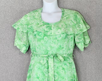 1960s Green Floral Maxi with Scallop Sleeve- Hand Made- Cotton- Size 10/12