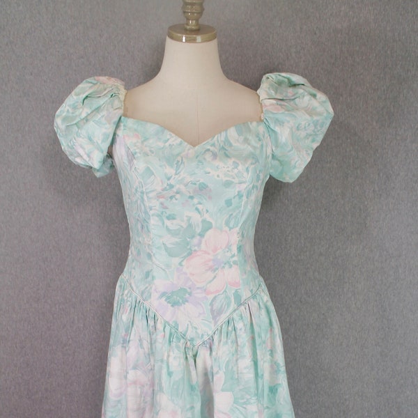 1980s Floral Party Dress- Puff Sleeve- Cottage Core- Spring Pastels, Pink, Mint, Purple