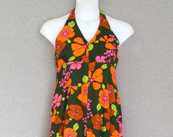 1970s - Halter - Maxi - Neon - Mod - Flower Power - Estimated size L