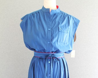 1970s - Blue - Polished Cotton - Shirtwaist Dress - Pockets - Marked size 14 - Color Blocked