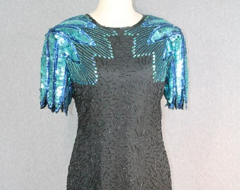 1980s Stenay - Blue Sequin Cocktail Dress - Flapper Dress - Beaded Party Dress - Size 10