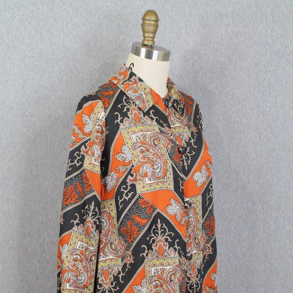 1970s, 70s Black and Orange Paisley Sheath Dress - Retro, Mid Century Mod - Shirt Dress - Size M/L