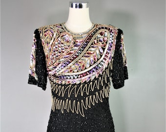 1980er Perlenkleid, 1990er Jahre Perlenkleid, Trophy Dress, Sparkle Dress, Cocktail Dress, Beaded, Laurence Kazar, Geschätzte Größe M