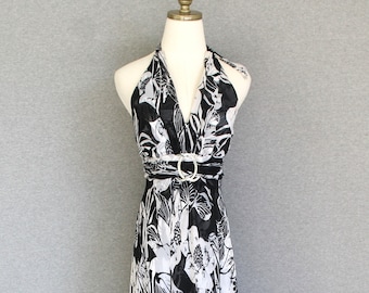 White House / Black Market - Black and White Floral - Halter - Cocktail Gown - Party Dress - Marked size 8