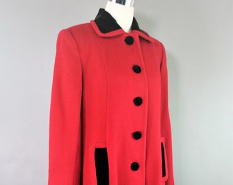 1970s to 1980s,  Classic/Timeless - Red Wool - Velvet Trim - Italian Wool- for Davidson's, Indianapolis - Estimated size M