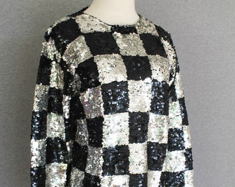 1960-70s - Check Mate - Checker - Black /Silver Sequins on Wool - Estimated size M/L