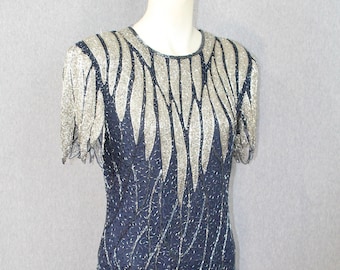 1980s SCALA Beaded Cocktail Dress - Silver Beaded Party Dress - Cocktail Party - Formal, Black Tie, Evening Dress