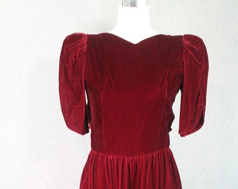 Y2K – 1980er-Jahre – Rotes Samt-Partykleid – Puffärmel – Tiefer Rückenausschnitt – Größe XS