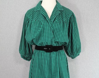 1980s Plaid Shirtdress, Green and Black Check, Buffalo Plaid- Estimated M/L