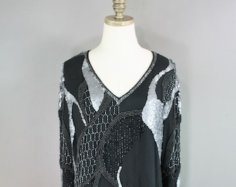 Independent Spirit -  Oleg Cassini - Tunic - Sequin - Beaded - Top - Black/Silver - Marked size L