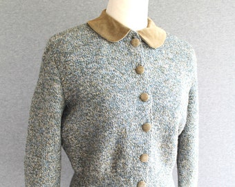 1940-50s - Knit Cardigan - Olive/Blue/Cream - Velvet Trim - Lined - Estimated size S
