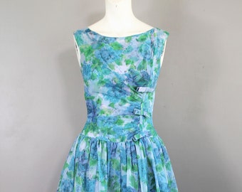 1950-60s - "Prim and Propper" Polyester Chiffon - Blue Floral - Pinup - Rockabilly - Bombshell - Estimated size 6/8