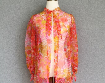 1960-70s - Sheer - Cover up - Robe - Floral - by Le Voy's - Estimated size  S/M