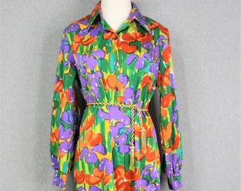 1970s - Mod - Op Art Floral - Shirt Dress - Hostess Dress - Estimated size L/XL