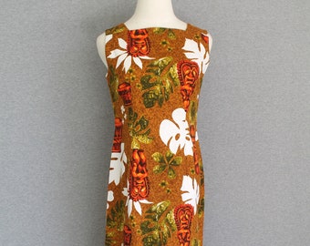 1960-70s  - Hukilau Fashions - Cotton - Luau Dress - Tiki - Polynesian - Tropical - Marked size 10