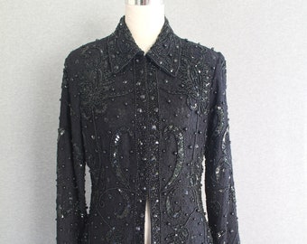 Beaded - Black lace - Long Blazer - Hooks/Closes to waist - Lined - by Theo Miles - Marked size L