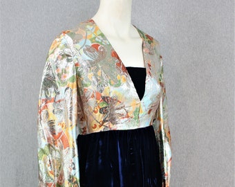 1960s- 70s - Cocktail Gown - Gold Lame - Blue Velvet - Mid Century Mod - Estimated size 4/6