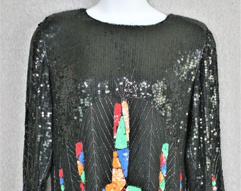 1980-90s - Black Sequin - Neon - Cocktail Top - Sparkle - Trophy - by Carina - Marked size L