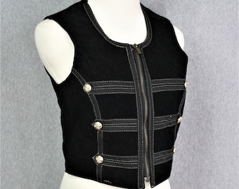 Black Leather Vest - Military Style - Zip Front - by NU-ID