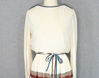 1970s - Day Dress - Graphic Skirt - Elastic Waist - Estimated size M/L