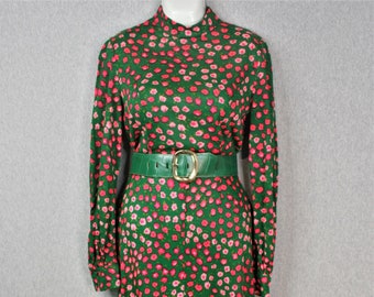 1970s - Lanz - Wool or Wool Blend Knit - Pink Floral on Green Field - Estimated size S