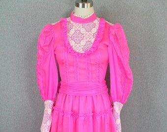 1960s-70s Neon Pink Prairie Dress - Gunne Sax Style - Bright Pink Maxi - Hippie, Boho - Tiered, Lace Maxi