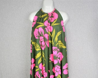 1970s - Pink /Green - Hawaii - Halter - Mumu- Trapeze Dress - Estimated size S/M