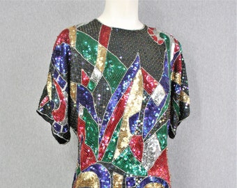 Beaded Cocktail Dress - Circa 1990s - Mardi Gras - by Joseph Le Bon - Estimated size XL to XXL
